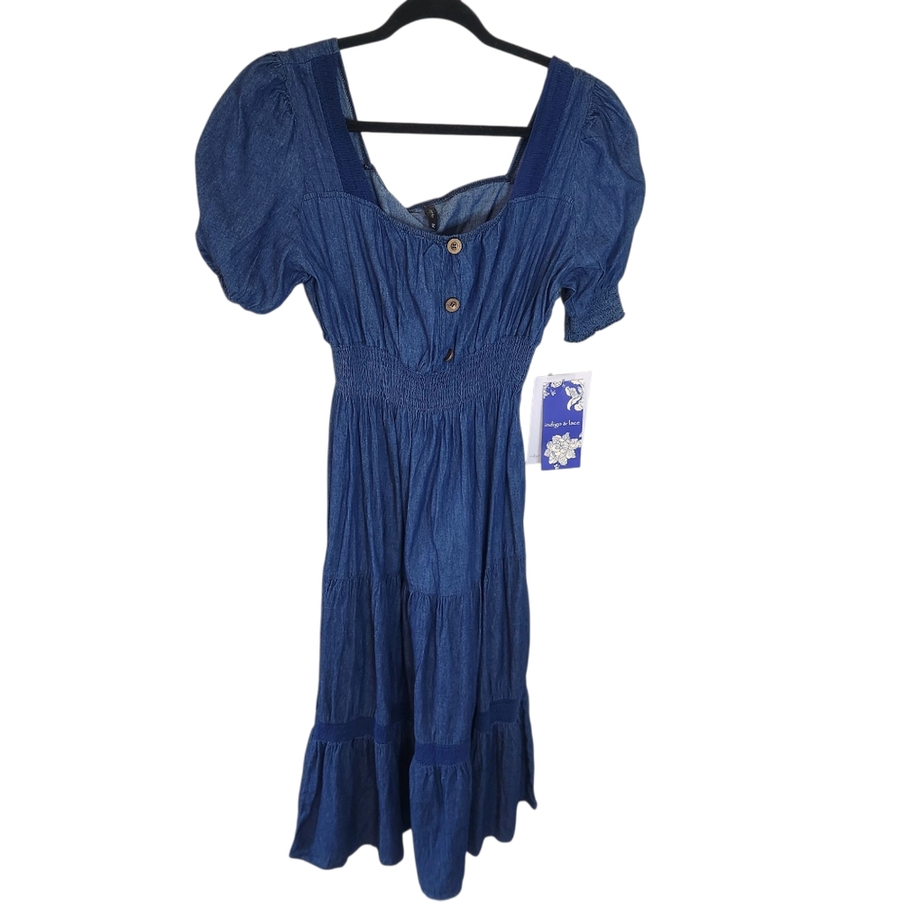 Indigo & Lace Blue Denim Puff Sleeve Dress. Short Sleeves.